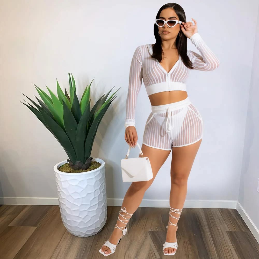 Sheer Mesh Black White 2 Piece Set: Zipper Hooded Crop Top + Shorts